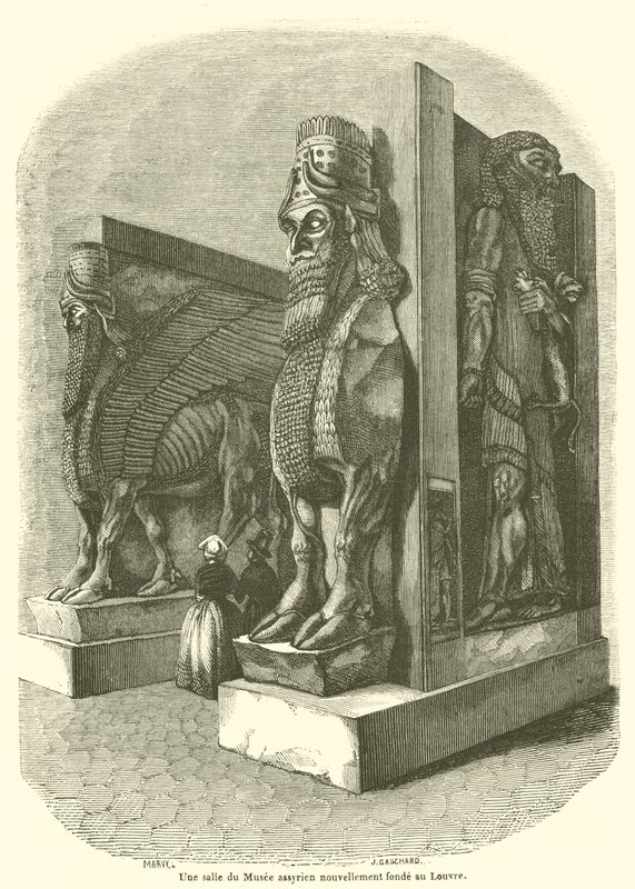 Een zaal van het nieuw opgerichte Assyrische museum in het Louvre (gravure) door French School