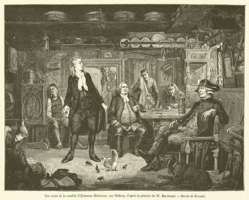 Een scène uit de komedie Erasmus Montanus door French School