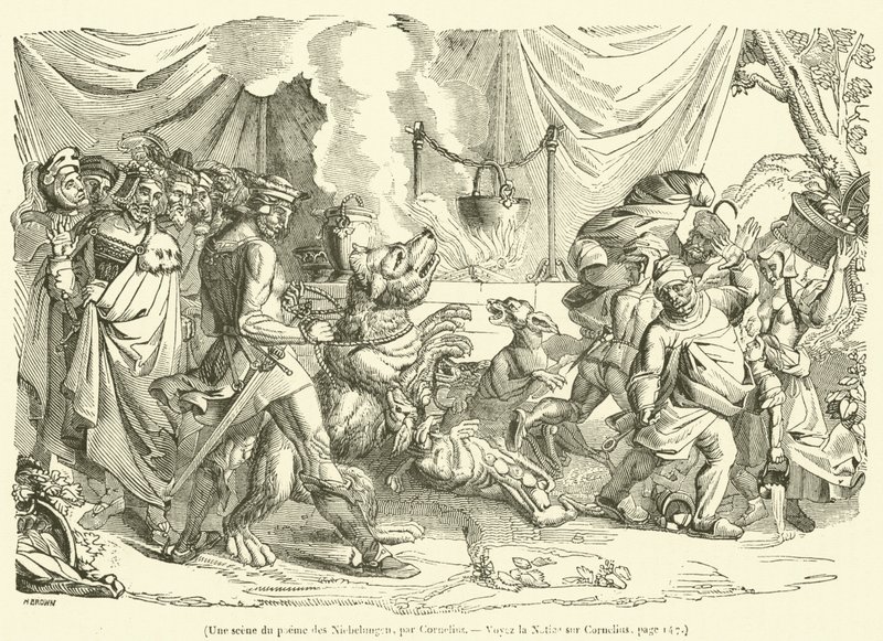 Une scène du poeme des Niebelungen (gravure) door French School