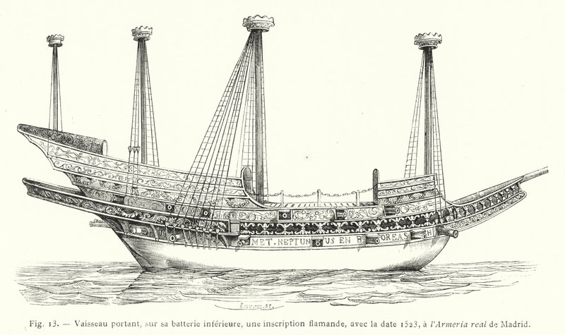 Schip met een Vlaamse inscriptie op het onderste dek, met de datum 1523, in de Armeria real van Madrid (gravure) door French School