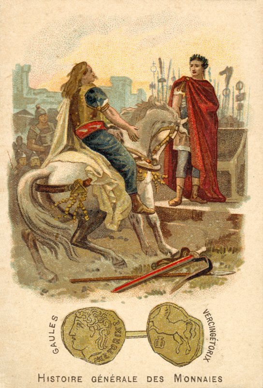 Vercingetorix onderwerpt zich aan Julius Caesar, 52 v.Chr. door French School