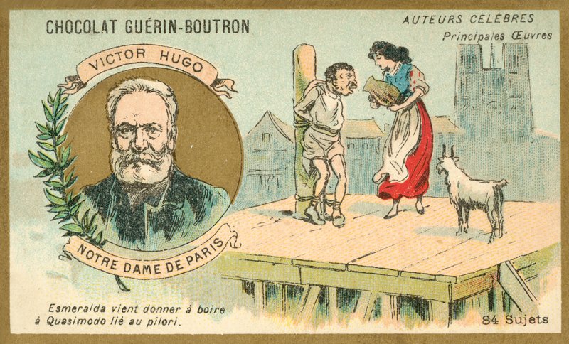 Victor Hugo, Franse auteur, en een scène uit zijn roman Notre Dame de Paris door French School