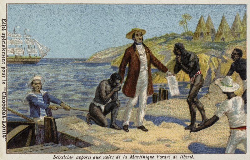 Victor Schoelcher brengt nieuws van hun vrijheid aan de slaven van Martinique door French School
