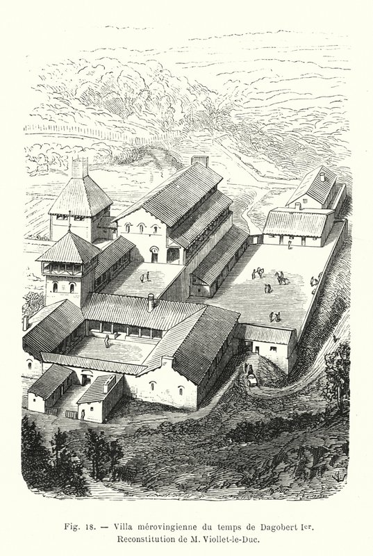 Merovingische villa uit de tijd van Dagobert I, reconstructie door M Viollet-le-Duc door French School