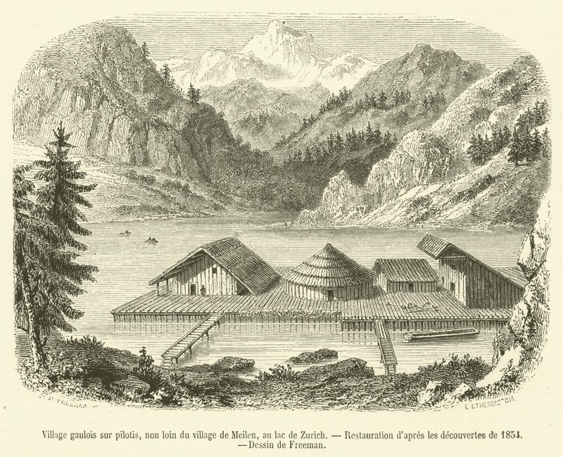 Gallisch dorp op palen, niet ver van het dorp Meilen, aan het meer van Zürich (gravure) door French School