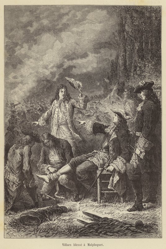 Villars gewond bij Malplaquet (gravure) door French School