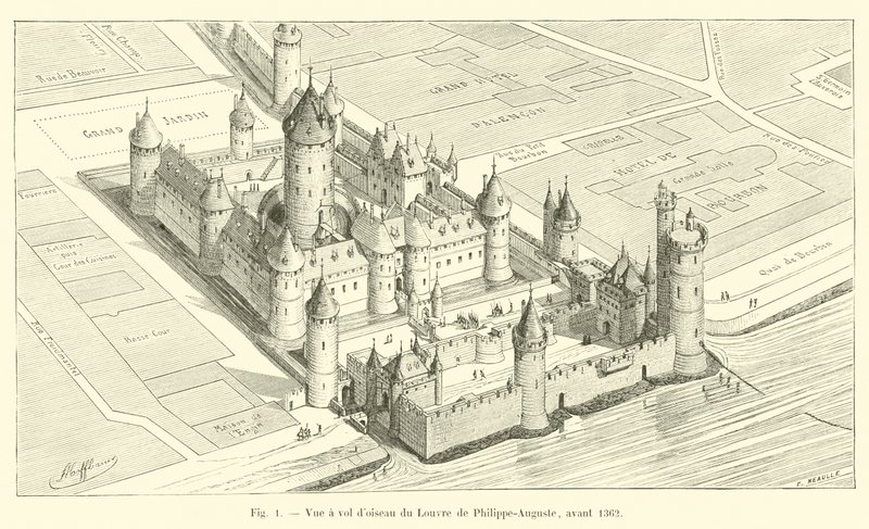 Vogelvluchtzicht op het Louvre van Philippe-Auguste, voor 1362 door French School