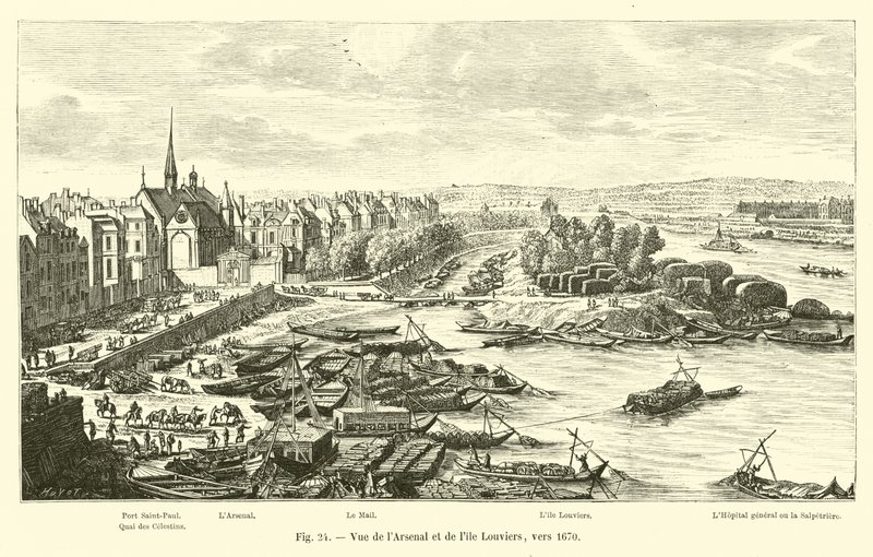 Uitzicht op het Arsenaal en het eiland Louviers, rond 1670 door French School