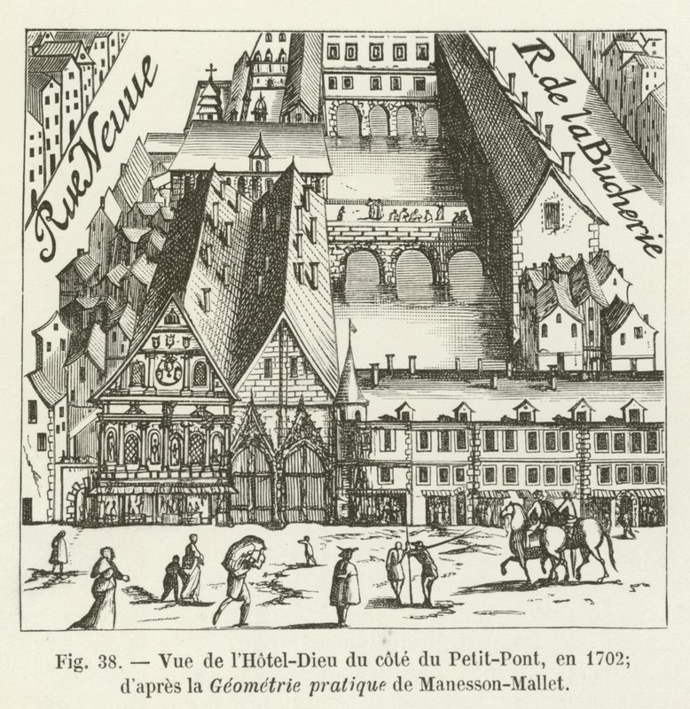 Uitzicht op het Hotel-Dieu vanaf de kant van de Petit-Pont, in 1702; naar de Praktische Geometrie van Manesson-Mallet door French School