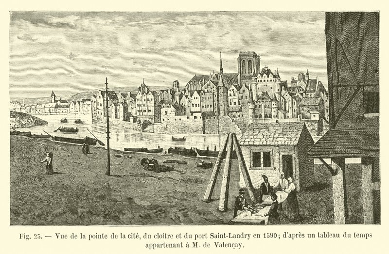Uitzicht op de punt van de stad, het klooster en de haven Saint-Landry in 1590; naar een schilderij uit die tijd, eigendom van M. de Valencay door French School
