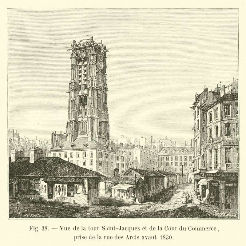 Zicht op de Saint-Jacques toren en de Cour du Commerce, vanaf de rue des Arcis voor 1830 door French School