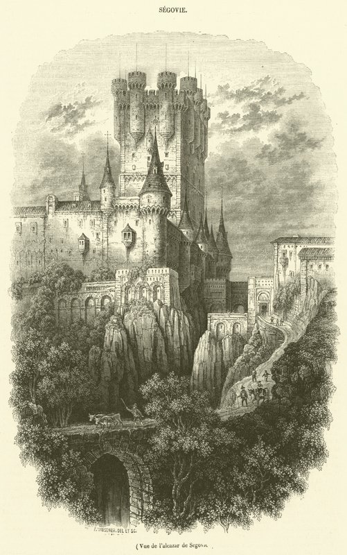 Gezicht op het Alcázar van Segovia (gravure) door French School