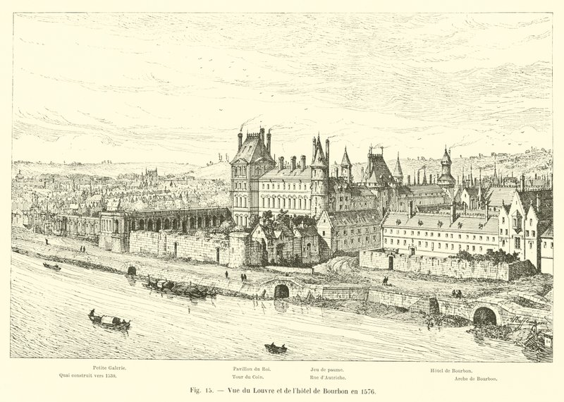 Zicht op het Louvre en het hotel van Bourbon in 1576 door French School