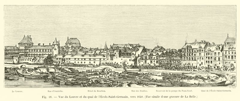 Zicht op het Louvre en de kade van de École-Saint-Germain, rond 1640, Fac-simile van een gravure van La Belle door French School