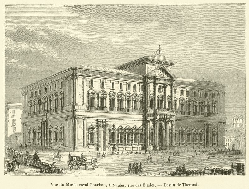 Vue du Musee royal Bourbon, a Naples, rue des Etudes (gravure) door French School