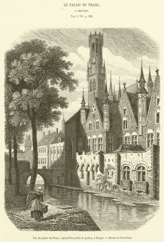 Uitzicht op het paleis van Franc, tegenwoordig gerechtsgebouw, in Brugge door French School