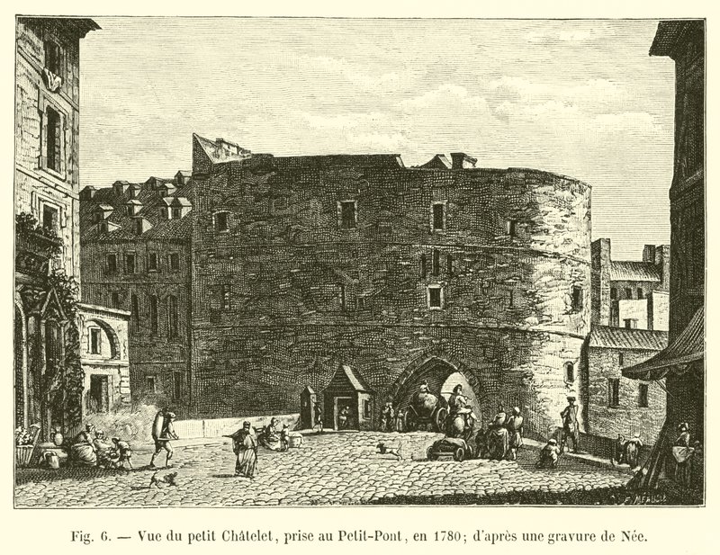 Zicht op het kleine Chatelet, vanaf de Petit-Pont, in 1780; naar een gravure van Nee door French School