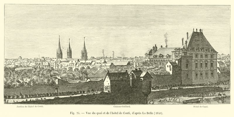 Uitzicht op de quai en het hotel de Conti, naar La Belle, 1640 door French School