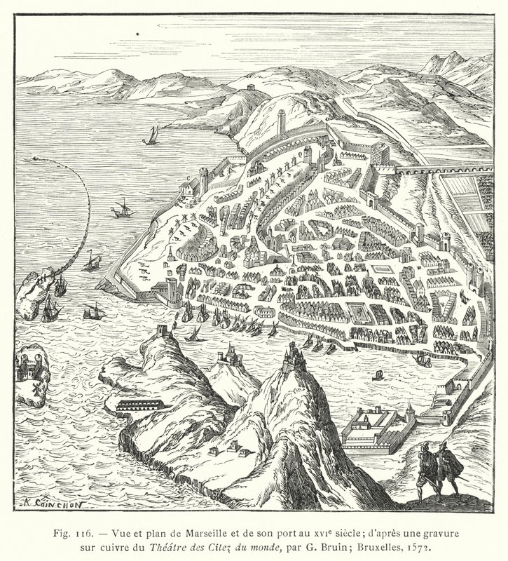 Uitzicht en plattegrond van Marseille en zijn haven in de 16e eeuw; naar een kopergravure uit het Theatre des Citez du monde, door G Bruin; Brussel door French School