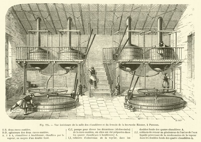 Binnenaanzicht van de ketelruimte en het brouwsel van de Riester-brouwerij in Puteaux door French School