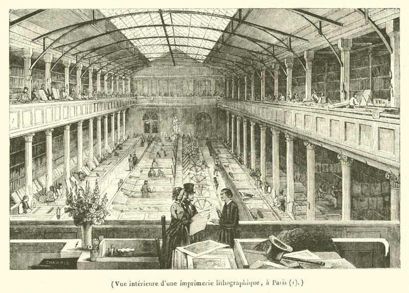 Binnenaanzicht van een lithografische drukkerij in Parijs (gravure) door French School