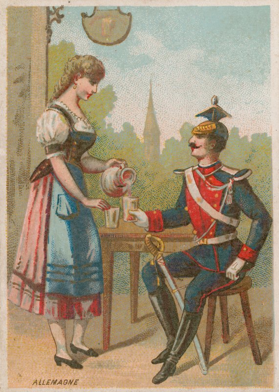 Serveerster schenkt een drankje in voor een soldaat, Duitsland door French School