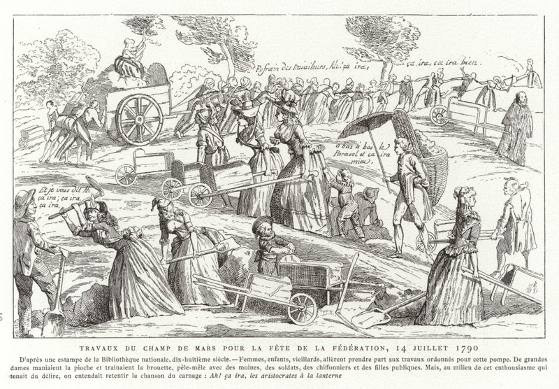 Werken op het Champ de Mars ter voorbereiding van het Fête de la Fédération, Parijs, Franse Revolutie, 14 juli 1790 door French School