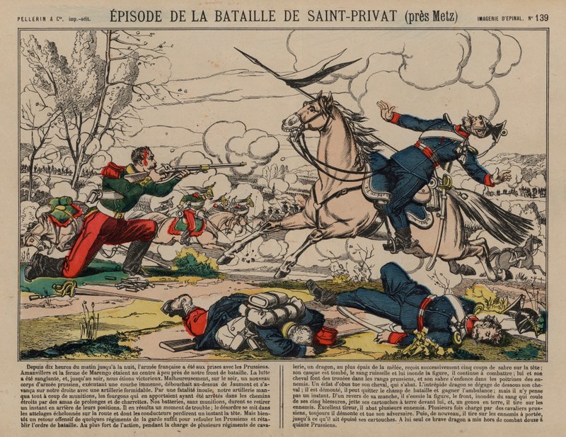 Gewonde Franse dragonder schiet een Pruisische lansier neer bij de Slag om Saint-Privat, Frans-Pruisische Oorlog door French School