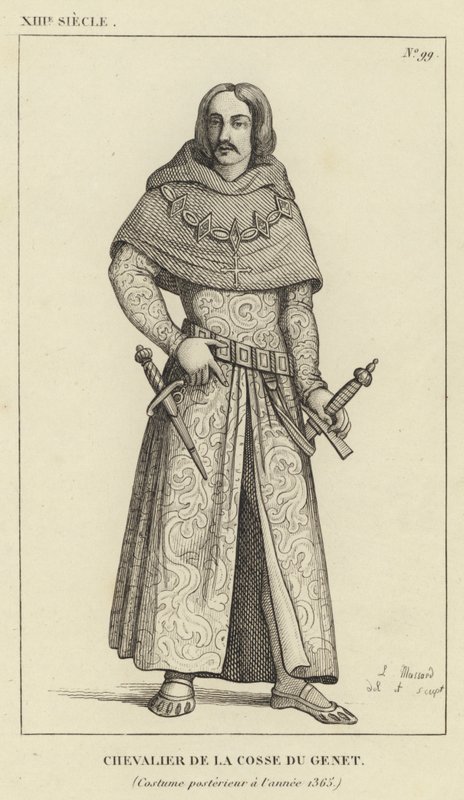 13e eeuw, Ridder van de Cosse du Genet, Kostuum na het jaar 1365 (gravure) door French School