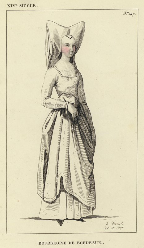 XIV eeuw, Bourgeoise de Bordeaux (gekleurde gravure) door French School