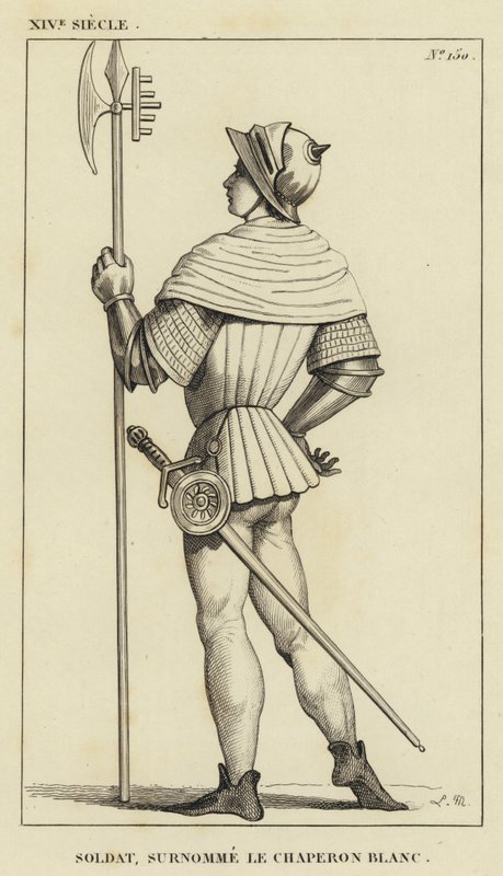 14e eeuw, Soldaat, bijgenaamd de Witte Kap (gravure) door French School