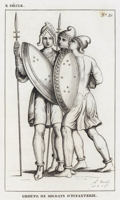 10e eeuw, Groep infanteriesoldaten (gravure) door French School