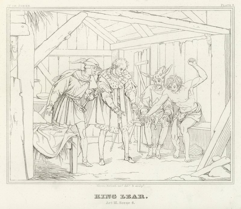 Koning Lear, Act III, Scene 6 (gravure) door Friedrich August Moritz Retzsch