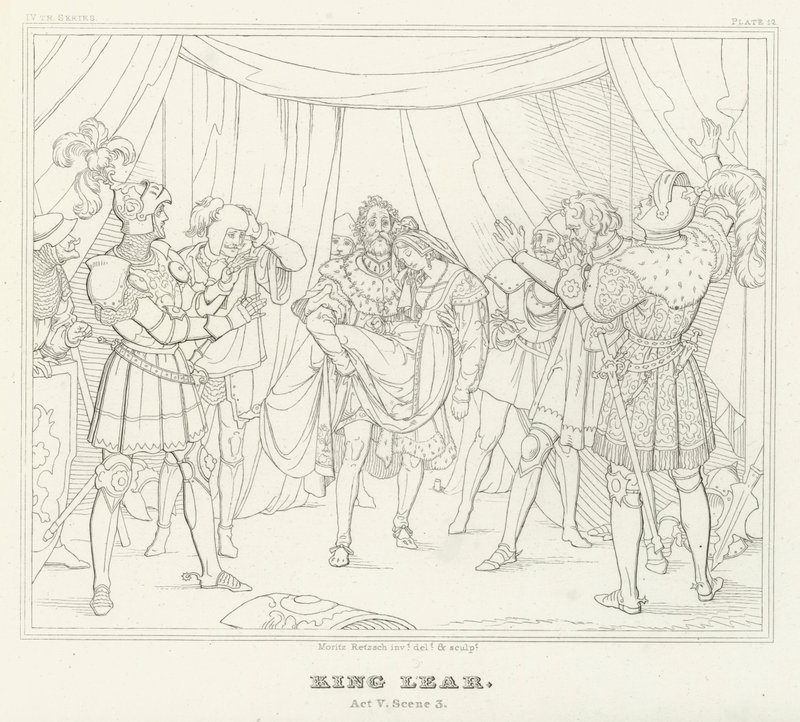 Koning Lear, Act V, Scene 3 (gravure) door Friedrich August Moritz Retzsch