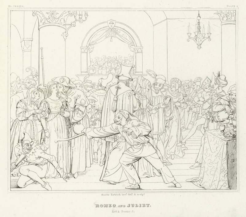 Romeo en Julia, Act I, Scene 5 door Friedrich August Moritz Retzsch