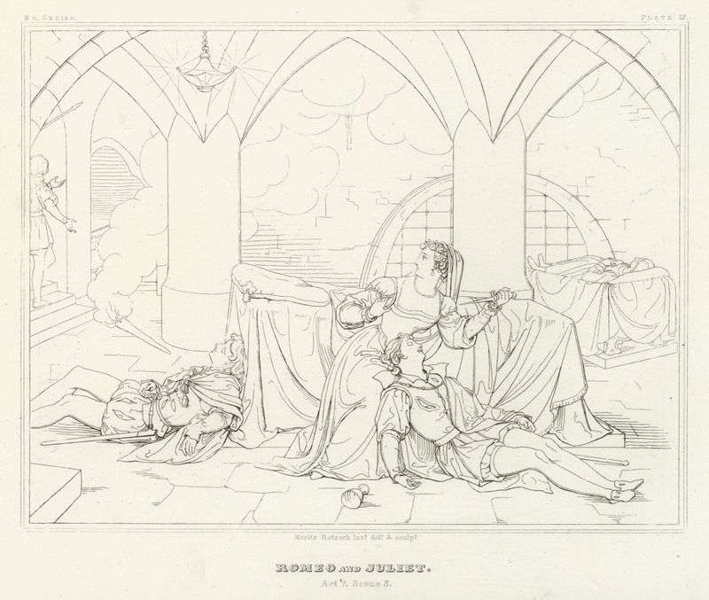 Romeo en Julia, Act V, Scene 3 door Friedrich August Moritz Retzsch