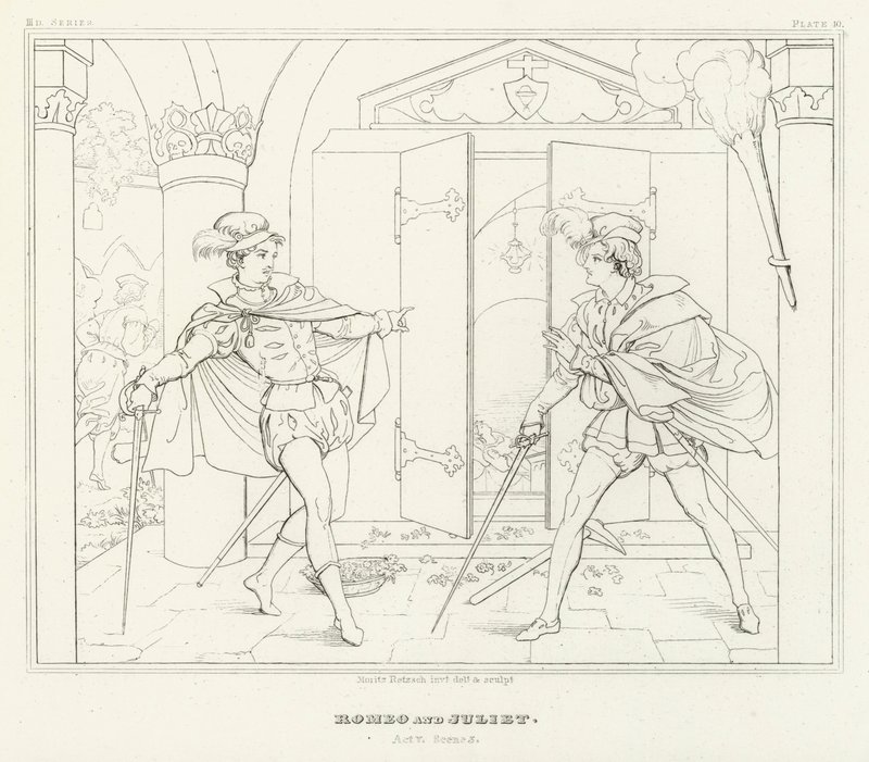 Romeo en Julia, Act V, Scene 3 (gravure) door Friedrich August Moritz Retzsch
