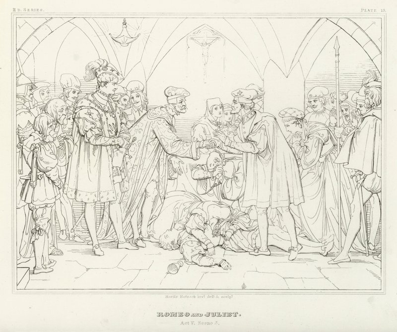 Romeo en Julia, Act V, Scene 3 (gravure) door Friedrich August Moritz Retzsch