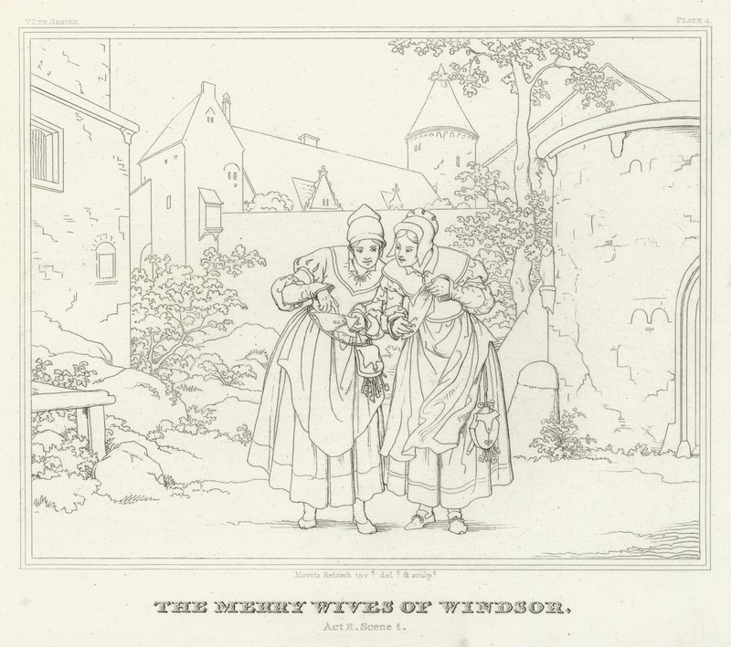 De Vrolijke Vrouwen van Windsor, Act II, Scene 1 (gravure) door Friedrich August Moritz Retzsch