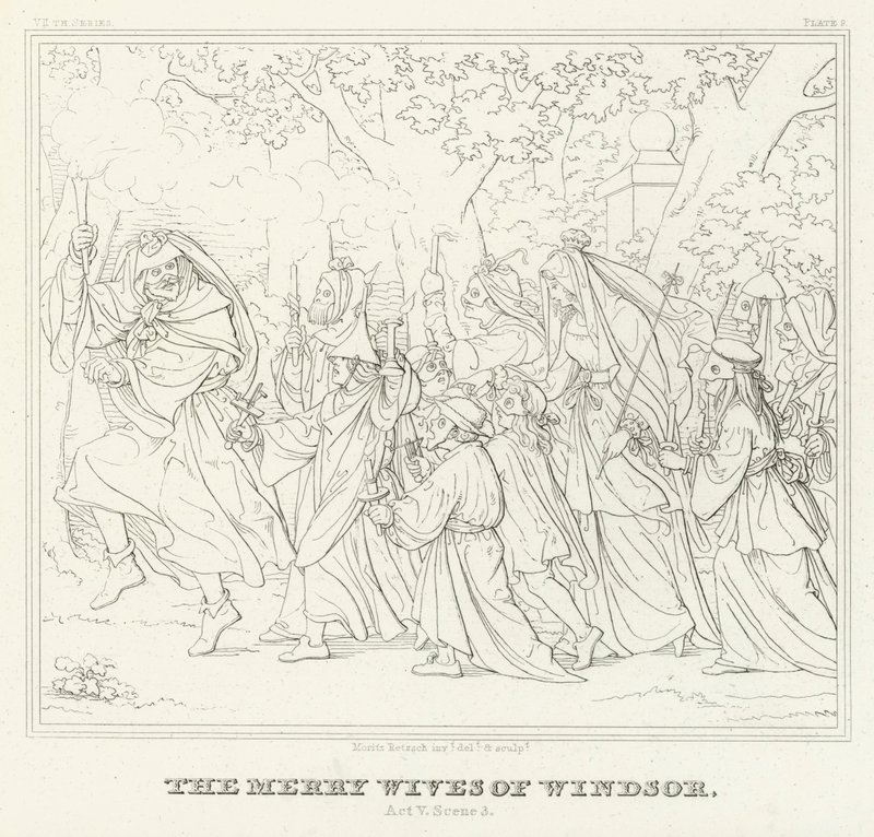 De Vrolijke Vrouwtjes van Windsor, Act V, Scene 3 (gravure) door Friedrich August Moritz Retzsch