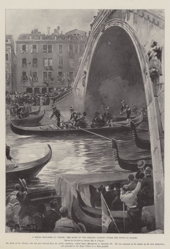 Een koninklijke ontdekkingsreiziger in Venetië, de hertog van de Abruzzi onder de Ponte di Rialto door G.S. Amato