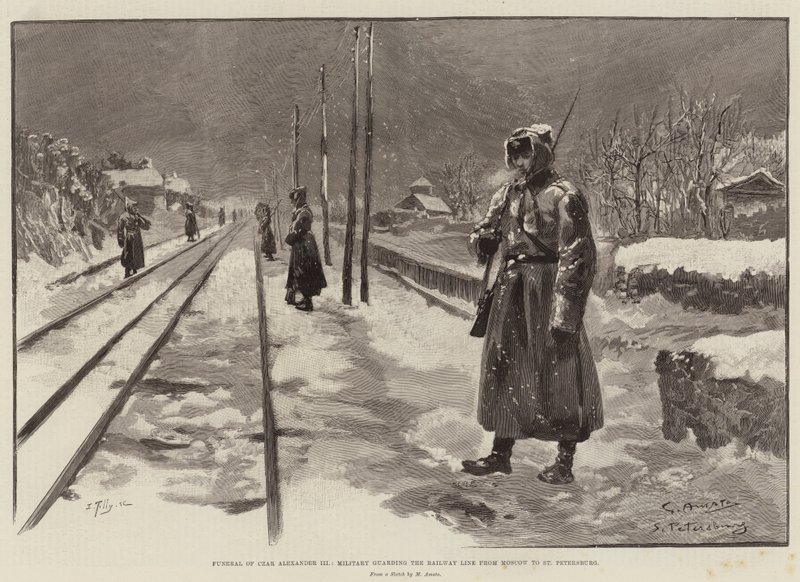 Begrafenis van tsaar Alexander III, militairen bewaken de spoorlijn van Moskou naar Sint-Petersburg door G.S. Amato