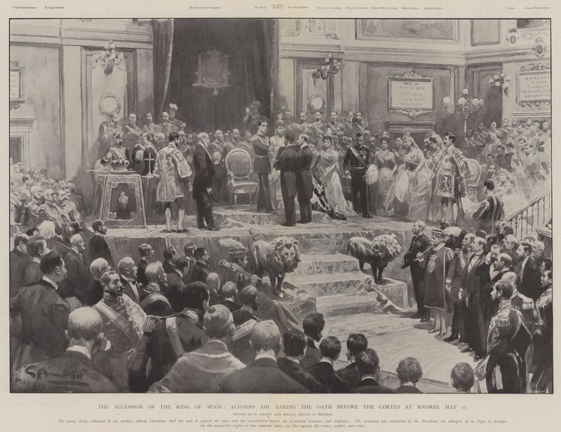 De Troonsbestijging van de Koning van Spanje, Alfonso XIII die de Eed aflegt voor de Cortes in Madrid, 17 mei door G.S. Amato