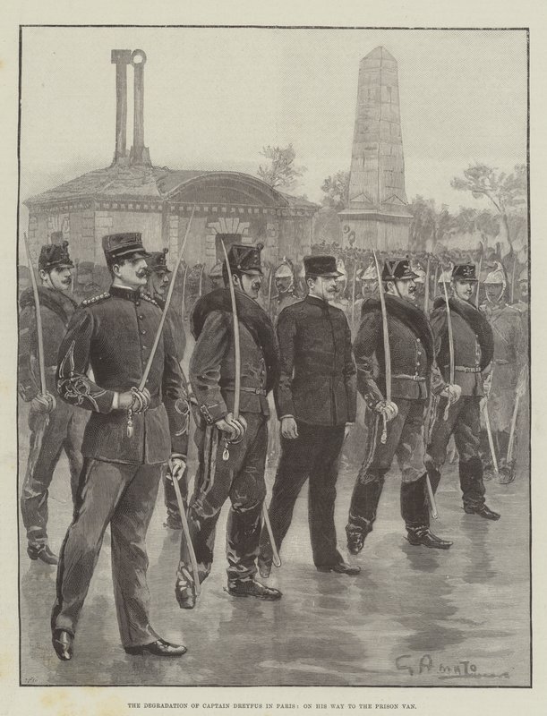 De degradatie van kapitein Dreyfus in Parijs, op weg naar de gevangeniswagen door G.S. Amato