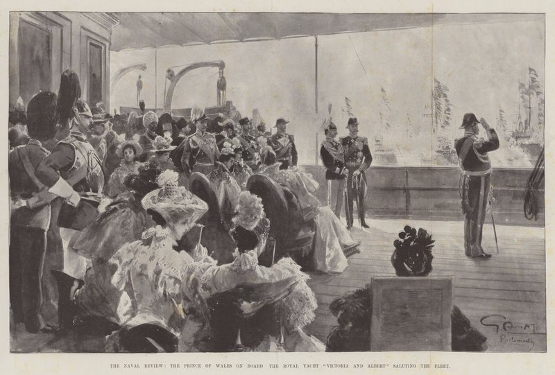 De marineparade, de prins van Wales aan boord van het koninklijk jacht Victoria en Albert groet de vloot door G.S. Amato