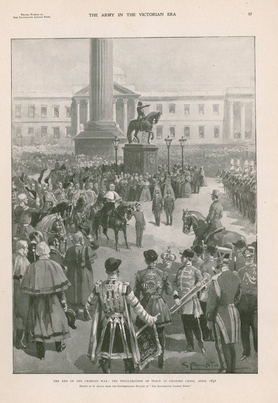 Het einde van de Krimoorlog: proclamatie van vrede op Charing Cross, Londen, april 1856 (fotogravure) door G.S. (after) Amato