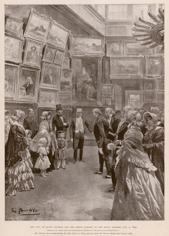 Bezoek van Koningin Victoria en Albert, Prins-Gemaal aan de Koninklijke Academie, Londen, 3 mei 1849 (fotogravure) door G.S. (after) Amato