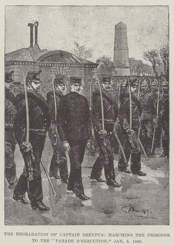 De degradatie van kapitein Dreyfus, de gevangene marcheren naar de Parade d