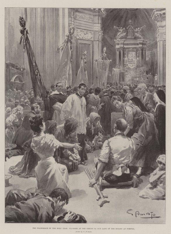 De pelgrimage van het Heilige Jaar, pelgrims bij het heiligdom van Onze-Lieve-Vrouw van de Rozenkrans in Pompeii door G.S. Amato