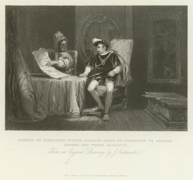 Albert van Geierstein daagt Karel, Hertog van Bourgondië uit om voor de Vehme Gerichte te verschijnen door George Cattermole